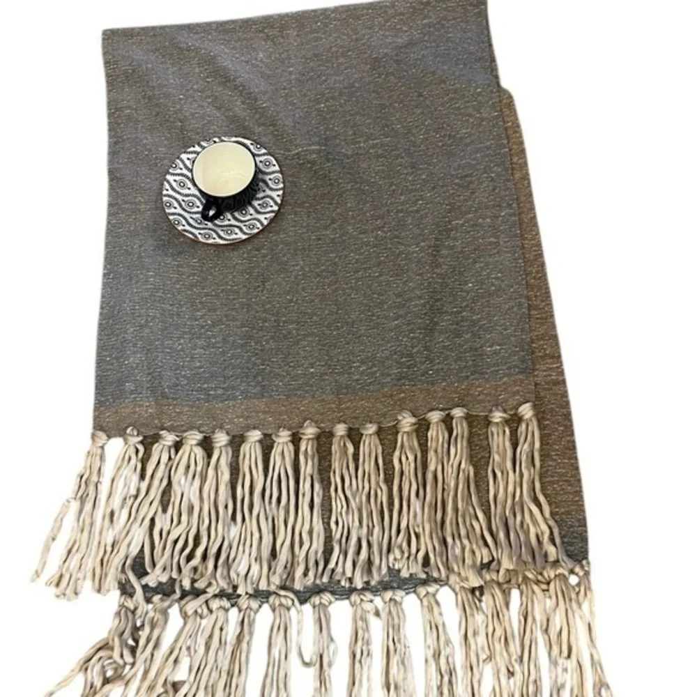 Anthropologie Cozy Heathered Fringe Throw Blanket, blue tan & cream